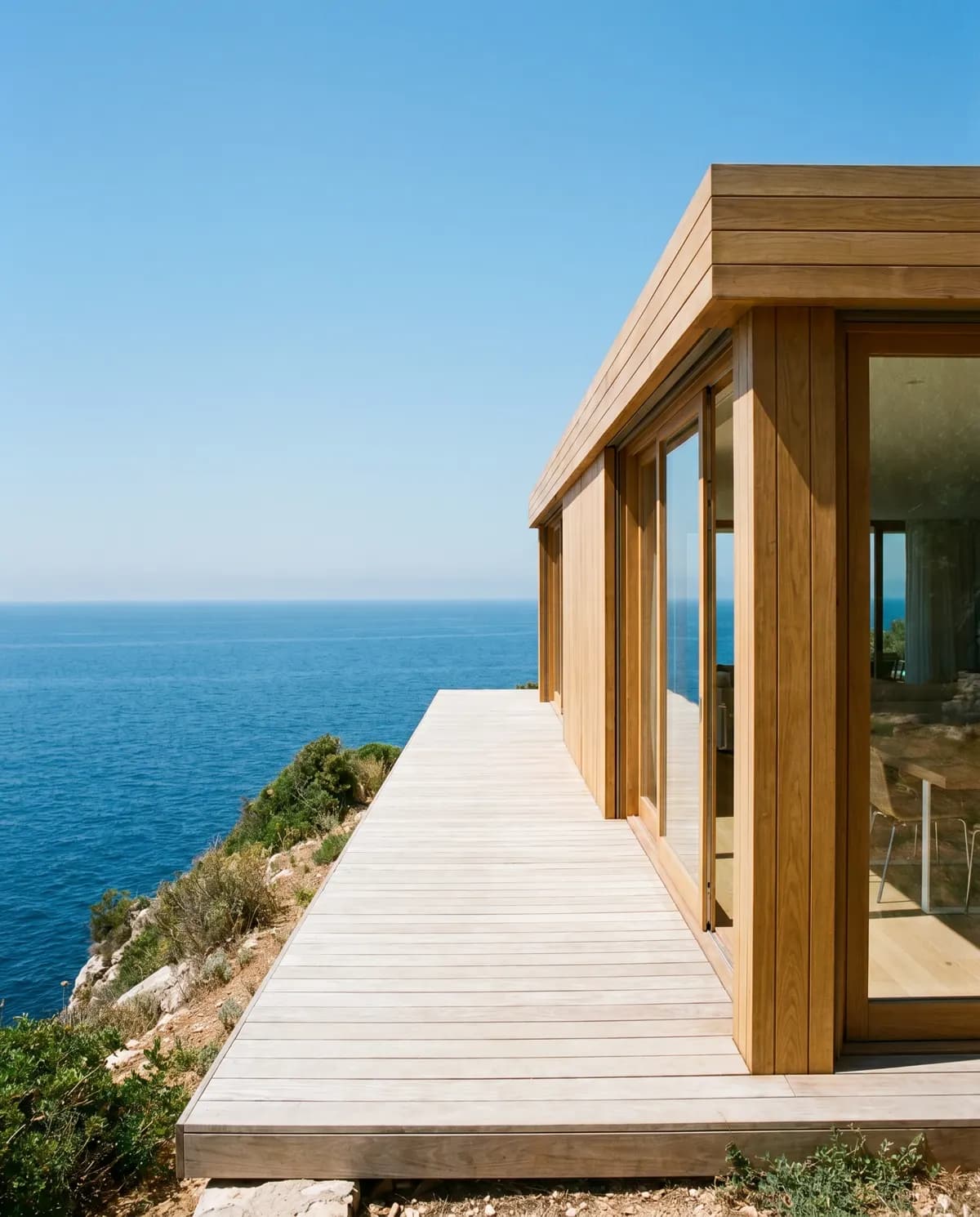 A modern house of oak and glass, its cedar deck running toward calm water